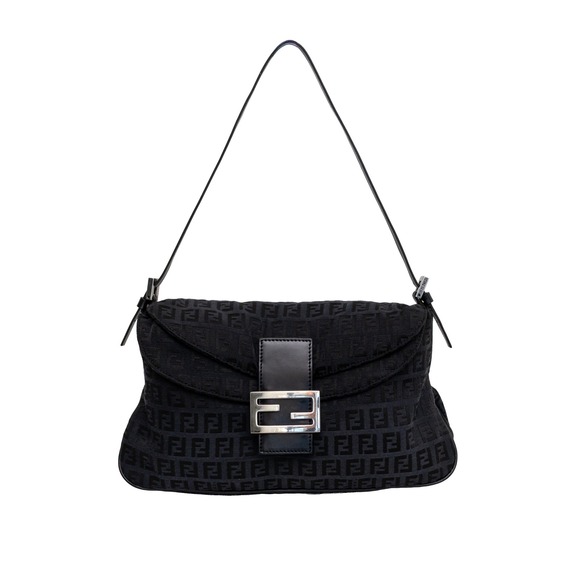 Fendi Handbags - Fendi Mamma Baguette Black Zucca Canvas Shoulder Bag Double Flap FF Logo Vintage